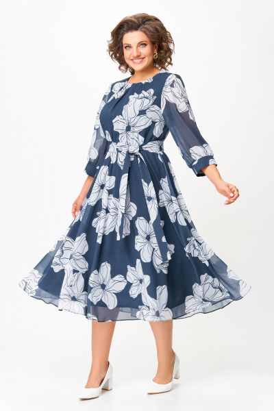 Платье Swallow 870 дымчато-синий/принт_белые_цветы - фото 3
