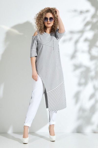 Брюки и туника с асимметричным вырезом и карманами для повседневной носки Euromoda 338/1 серый - фото 1