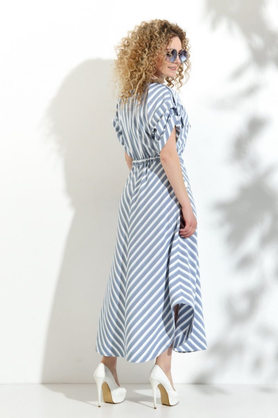 Льняное платье с разрезом, V-образной горловиной и кулисой Euromoda 351 серо-голубой - фото 3