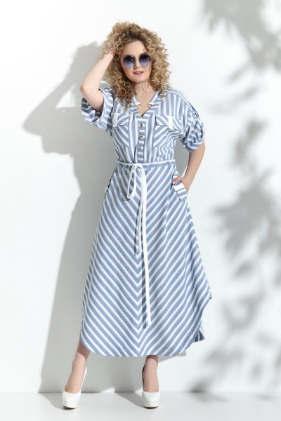 Льняное платье с разрезом, V-образной горловиной и кулисой Euromoda 351 серо-голубой - фото 1