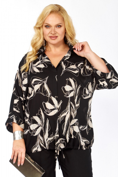 Блуза Элль-стиль 2416а черный+принт_цветы - фото 8