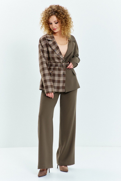 Брюки, жакет Euromoda 635 хаки+клетка - фото 1