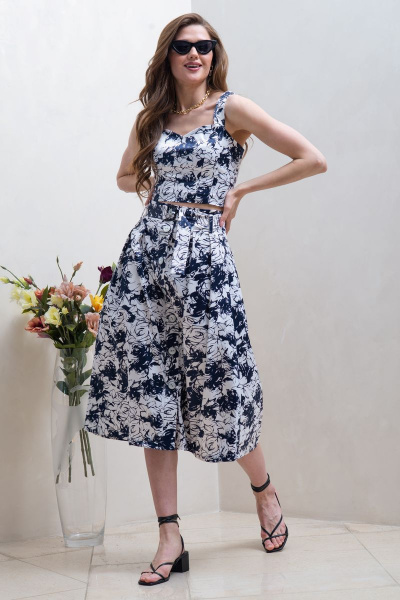 Юбка миди из хлопка с складками и боковыми карманами Condra 12072 белый-синий - фото 3