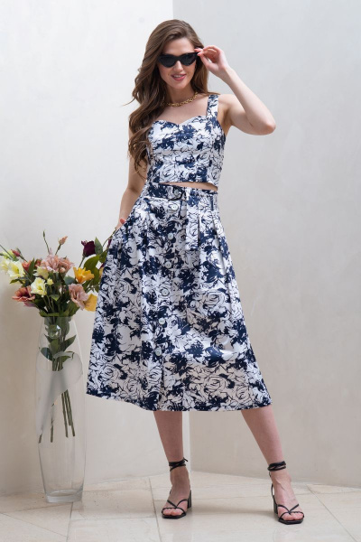 Юбка миди из хлопка с складками и боковыми карманами Condra 12072 белый-синий - фото 2