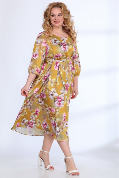 Платье свободного силуэта с резинкой и поясом ANIDEN 516 желтые_орхидеи - фото 5