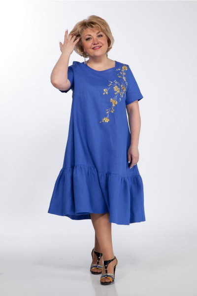 Льняное платье А-силуэта с вышивкой и воланами Djerza 1293 василек - фото 9