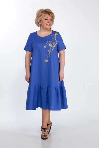 Льняное платье А-силуэта с вышивкой и воланами Djerza 1293 василек - фото 7