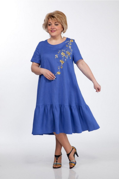 Льняное платье А-силуэта с вышивкой и воланами Djerza 1293 василек - фото 5