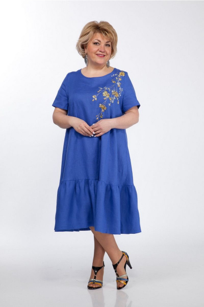Льняное платье А-силуэта с вышивкой и воланами Djerza 1293 василек - фото 4