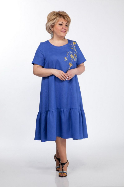 Льняное платье А-силуэта с вышивкой и воланами Djerza 1293 василек - фото 3