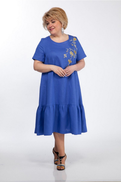 Льняное платье А-силуэта с вышивкой и воланами Djerza 1293 василек - фото 2