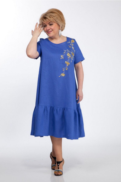 Льняное платье А-силуэта с вышивкой и воланами Djerza 1293 василек - фото 1