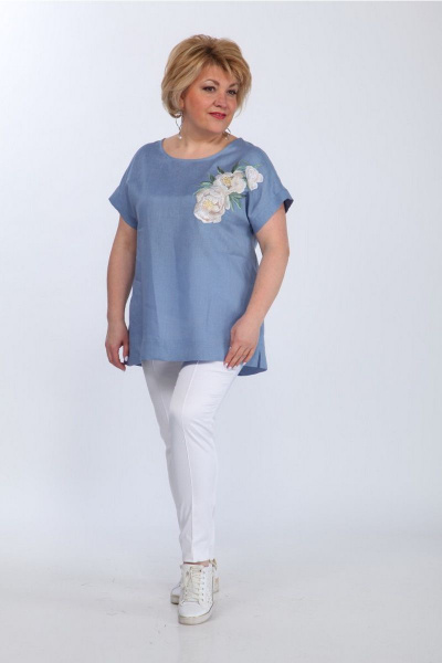 Летняя блуза с вышивкой и складками из льна Djerza 024 голубой - фото 5
