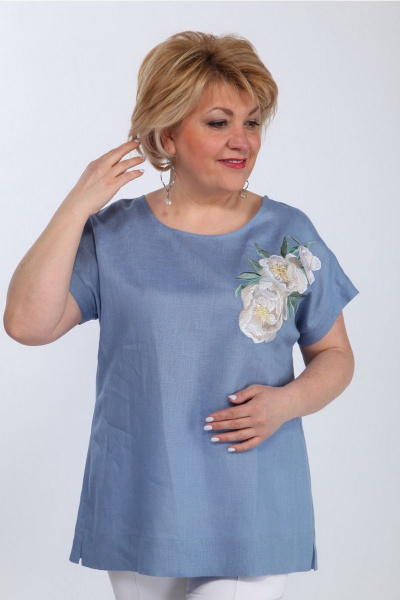 Летняя блуза с вышивкой и складками из льна Djerza 024 голубой - фото 3