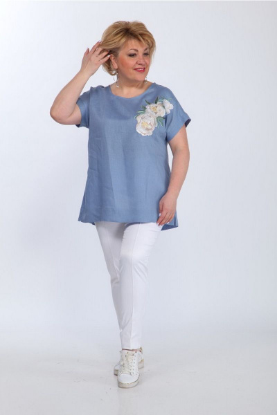 Летняя блуза с вышивкой и складками из льна Djerza 024 голубой - фото 2