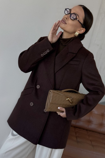 Пальто двубортное демисезонное из пальтовой шерсти DAVA 7005 шоколад - фото 8