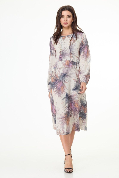 Платье полуприлегающего силуэта миди с рельефами и рюшами Anelli 1008 бежевый_фон - фото 7