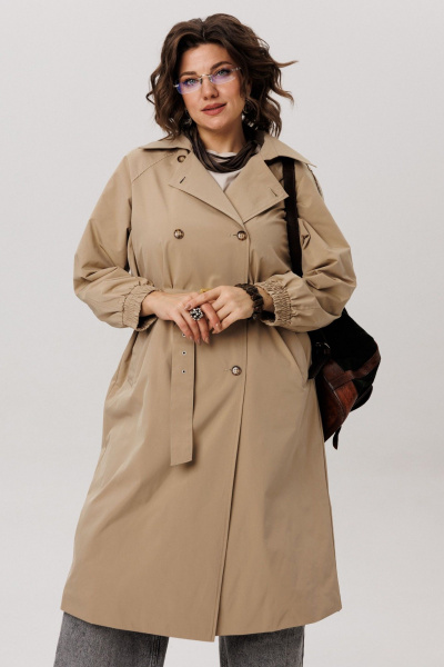 Тренч классического кроя из водоотталкивающей ткани и хлопка Anelli 1419 карри - фото 1