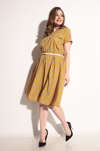 Летнее платье с расклешенной юбкой и карманами из легкой ткани Michel chic 2007 горчичный - фото 2