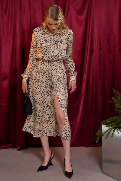 Платье, пояс Lokka 1793 светло бежевый/черный принт - фото 5