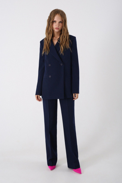 Демисезонные классические прямые брюки из текстиля с высокой посадкой PiRS 4644 синий - фото 3