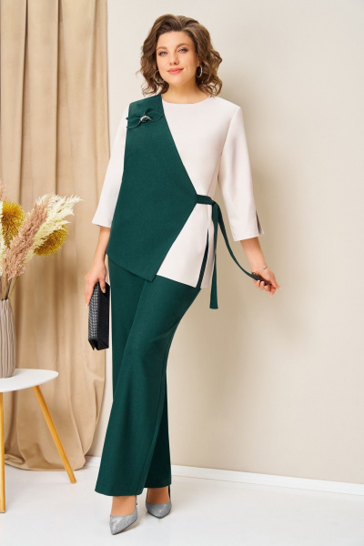 Блуза, брюки, жилет VOLNA 1455 бутылочно-зеленый - фото 1