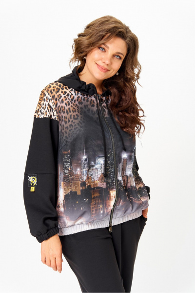 Костюм спортивный брюки куртка больших размеров Solomeya Lux 946/449 черный+леопардовый_принт - фото 10
