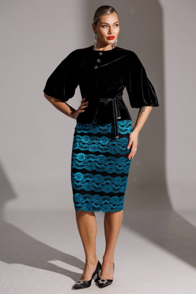 Жакет, юбка Мода Юрс 25-2623 черный_бирюза - фото 2