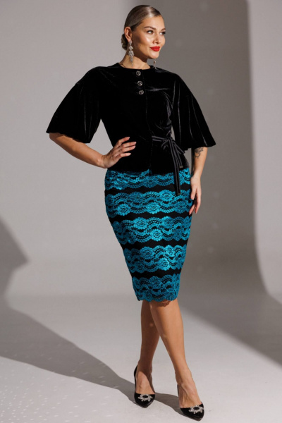 Жакет, юбка Мода Юрс 25-2623 черный_бирюза - фото 1