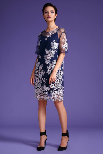 Платье LaVeLa L1894 синий/цветы_розовые - фото 1