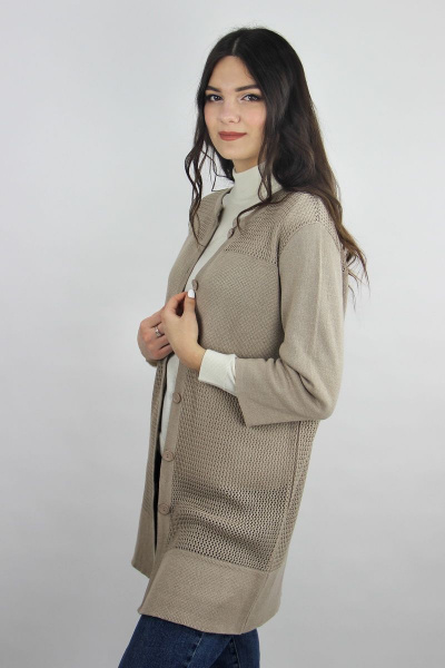 Жакет демисезонный удлиненный с коротким рукавом и застежкой Полесье С2985-19 9С0374-Д43 158,164 бежевый_15-1309 - фото 3