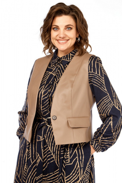 Жилет, платье Милора-стиль 1380/1 черный+капучино_листья - фото 4