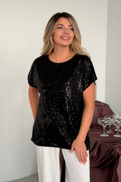 Нарядный черный топ с пайетками и гипюром на эластичной ткани LindaLux 1-194/1 пайетки - фото 1