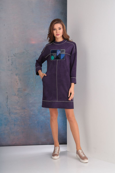 Платье с втаочным воротником и аппликацией с вышивкой Golden Valley 4509 баклажан - фото 1