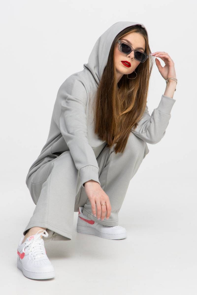 Спортивный костюм худи oversize и брюки палаццо серый Domna 16071 светло-серый - фото 2