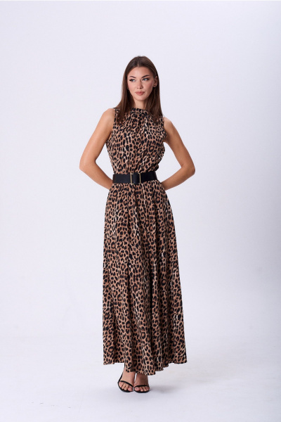 Нарядное платье из струящейся ткани с сборкой и разрезом Lady Line 1580 темный_леопард - фото 2