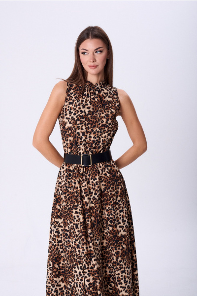 Классическое платье с воротником-стойкой и сборкой из ткани Lady Line 1580/1 светлый_леопард - фото 5