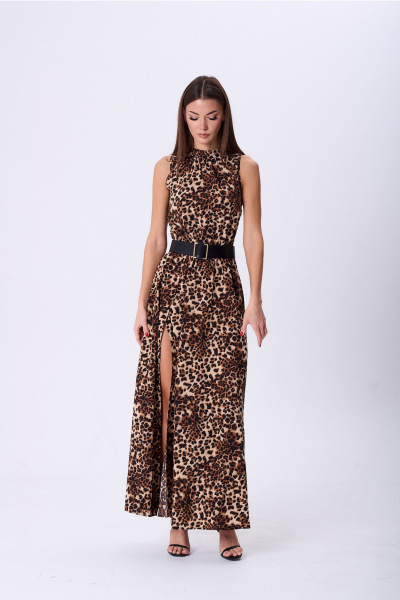 Классическое платье с воротником-стойкой и сборкой из ткани Lady Line 1580/1 светлый_леопард - фото 2