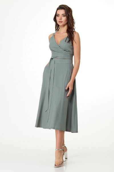 Летний комплект юбка и топ из льняной ткани с запахом Anelli 1017 зелень - фото 9