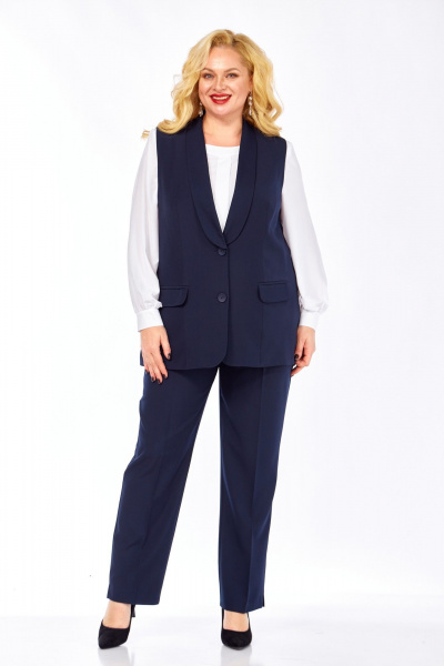 Деловой комплект из блузы, жилета и зауженных брюк из текстиля Элль-стиль 2132/5 темно-синий - фото 2
