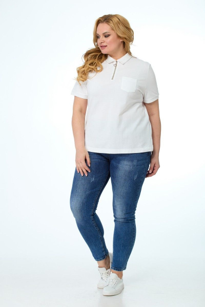 Белый лененый футболка-поло с металлической молнией и накладным карманом Anelli 869 белый - фото 7