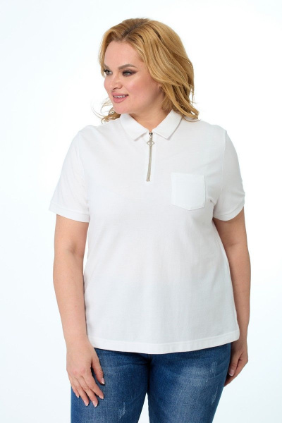 Белый лененый футболка-поло с металлической молнией и накладным карманом Anelli 869 белый - фото 1