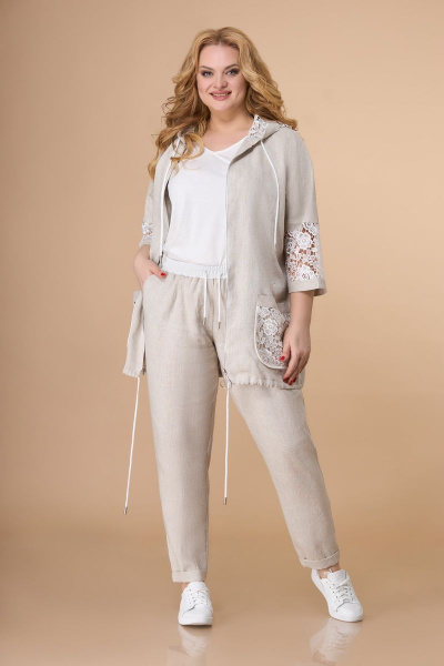 Костюм кружевной бежевый жакет и зауженные брюки Svetlana-Style 1577 серо-бежевый - фото 2