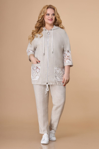 Костюм кружевной бежевый жакет и зауженные брюки Svetlana-Style 1577 серо-бежевый - фото 1