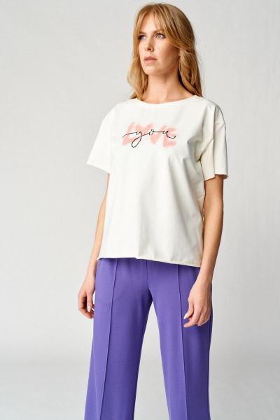 Белая футболка из вискозы с принтом и оверсайз крой Almirastyle 171-1 молоко - фото 1