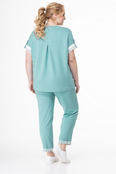 Летний трикотажный костюм блуза с рельефами и брюки Кэтисбел 2519 белый-мята - фото 4