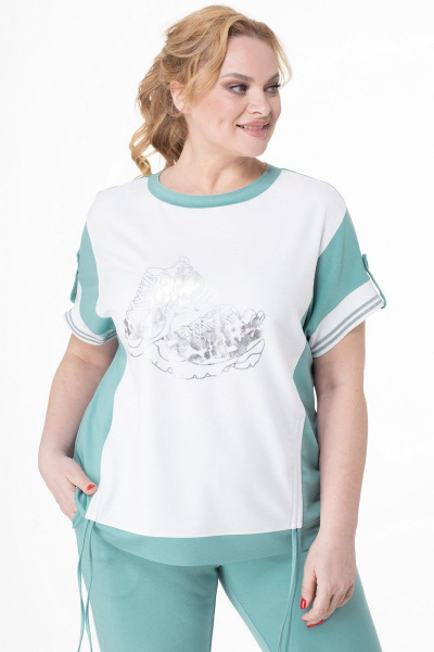 Летний трикотажный костюм блуза с рельефами и брюки Кэтисбел 2519 белый-мята - фото 2