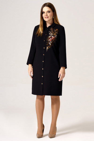 Платье нарядное с вышивкой, прямой крой, разрезы Панда 31580z черный - фото 1