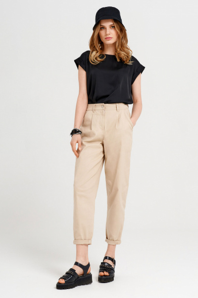 Летние облегающие брюки из вискозы с резинкой и шнуром Панда 47360z бежевый - фото 1