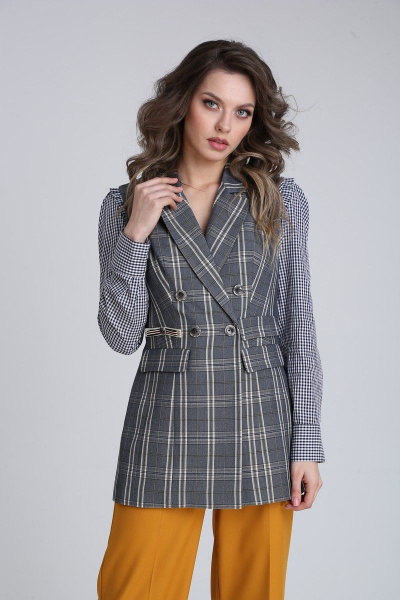 Длинный жилет из клетчатой ткани, с вытачками и карманами SandyNa 13734 темно-серый_клетка - фото 1